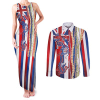 Hawaiian Sea Animals Couples Matching Tank Maxi Dress and Long Sleeve Button Shirt with Lei and Flag Style