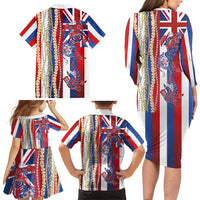 Hawaiian Sea Animals Family Matching Long Sleeve Bodycon Dress and Hawaiian Shirt with Lei and Flag Style LT03 - Polynesian Pride