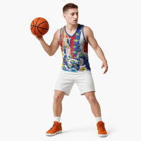 Hawaiian Sea Turtles and Plumeria Basketball Jersey with Lei and Flag Grunge Style