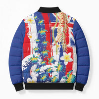 Hawaiian Sea Turtles and Plumeria Bomber Puffer Jacket with Lei and Flag Grunge Style