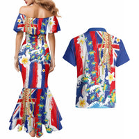 Hawaiian Sea Turtles and Plumeria Couples Matching Mermaid Dress and Hawaiian Shirt with Lei and Flag Grunge Style LT03 - Polynesian Pride