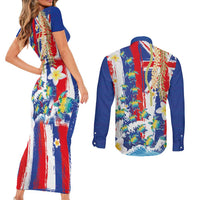 Hawaiian Sea Turtles and Plumeria Couples Matching Short Sleeve Bodycon Dress and Long Sleeve Button Shirt with Lei and Flag Grunge Style LT03 - Polynesian Pride