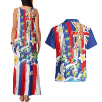 Hawaiian Sea Turtles and Plumeria Couples Matching Tank Maxi Dress and Hawaiian Shirt with Lei and Flag Grunge Style LT03 - Polynesian Pride