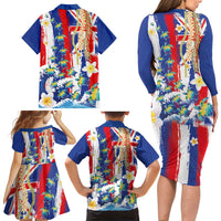 Hawaiian Sea Turtles and Plumeria Family Matching Long Sleeve Bodycon Dress and Hawaiian Shirt with Lei and Flag Grunge Style LT03 - Polynesian Pride
