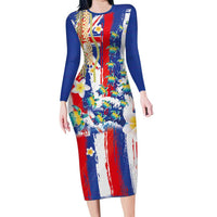 Hawaiian Sea Turtles and Plumeria Family Matching Long Sleeve Bodycon Dress and Hawaiian Shirt with Lei and Flag Grunge Style LT03 Mom's Dress Multicolor - Polynesian Pride