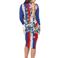 Hawaiian Sea Turtles and Plumeria Family Matching Long Sleeve Bodycon Dress and Hawaiian Shirt with Lei and Flag Grunge Style LT03 - Polynesian Pride