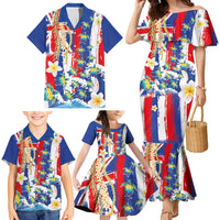 Hawaiian Sea Turtles and Plumeria Family Matching Mermaid Dress and Hawaiian Shirt with Lei and Flag Grunge Style LT03 - Polynesian Pride