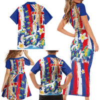 Hawaiian Sea Turtles and Plumeria Family Matching Short Sleeve Bodycon Dress and Hawaiian Shirt with Lei and Flag Grunge Style LT03 - Polynesian Pride
