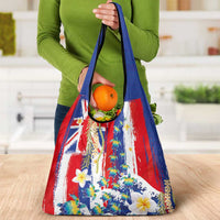 Hawaiian Sea Turtles and Plumeria Grocery Bag with Lei and Flag Grunge Style