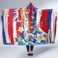 Hawaiian Sea Turtles and Plumeria Hooded Blanket with Lei and Flag Grunge Style