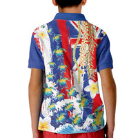 Hawaiian Sea Turtles and Plumeria Kid Polo Shirt with Lei and Flag Grunge Style