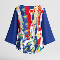 Hawaiian Sea Turtles and Plumeria Kimono Sleeve Blouse with Lei and Flag Grunge Style