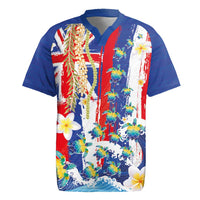 Hawaiian Sea Turtles and Plumeria Rugby Jersey with Lei and Flag Grunge Style