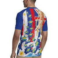 Hawaiian Sea Turtles and Plumeria Rugby Jersey with Lei and Flag Grunge Style