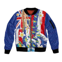 Hawaiian Sea Turtles and Plumeria Sleeve Zip Bomber Jacket with Lei and Flag Grunge Style