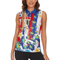 Hawaiian Sea Turtles and Plumeria Women Sleeveless Polo Shirt with Lei and Flag Grunge Style LT03 - Polynesian Pride