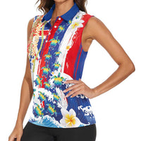 Hawaiian Sea Turtles and Plumeria Women Sleeveless Polo Shirt with Lei and Flag Grunge Style LT03 - Polynesian Pride