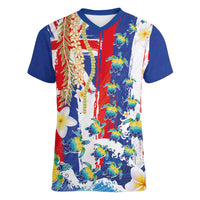 Hawaiian Sea Turtles and Plumeria Women V-Neck T-Shirt with Lei and Flag Grunge Style LT03 Female Multicolor - Polynesian Pride
