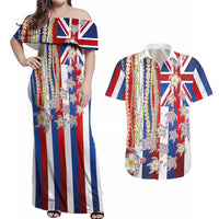 Hawaiian Polynesian Tribal Turtles Couples Matching Off Shoulder Maxi Dress and Hawaiian Shirt with Lei and Flag Style