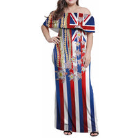 Hawaiian Polynesian Tribal Turtles Family Matching Off Shoulder Maxi Dress and Hawaiian Shirt with Lei and Flag Style LT03 Mom's Dress Multicolor - Polynesian Pride