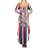 Hawaiian Polynesian Tribal Turtles Summer Maxi Dress with Lei and Flag Style