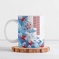 Hawaiian Tribal Manta Ray Ceramic Mug Kakau Tattoo and Flowers Surfing Waves Pattern Ocean Color