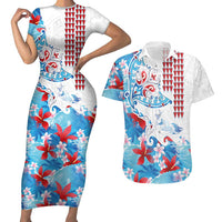 Hawaiian Tribal Manta Ray Couples Matching Short Sleeve Bodycon Dress and Hawaiian Shirt Kakau Tattoo and Flowers Surfing Waves Pattern Ocean Color LT03 Multicolor - Polynesian Pride