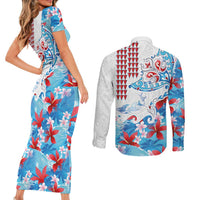 Hawaiian Tribal Manta Ray Couples Matching Short Sleeve Bodycon Dress and Long Sleeve Button Shirt Kakau Tattoo and Flowers Surfing Waves Pattern Ocean Color LT03 - Polynesian Pride