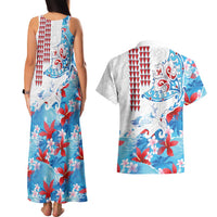 Hawaiian Tribal Manta Ray Couples Matching Tank Maxi Dress and Hawaiian Shirt Kakau Tattoo and Flowers Surfing Waves Pattern Ocean Color LT03 - Polynesian Pride