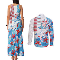 Hawaiian Tribal Manta Ray Couples Matching Tank Maxi Dress and Long Sleeve Button Shirt Kakau Tattoo and Flowers Surfing Waves Pattern Ocean Color LT03 - Polynesian Pride