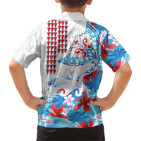 Hawaiian Tribal Manta Ray Family Matching Off The Shoulder Long Sleeve Dress and Hawaiian Shirt Kakau Tattoo and Flowers Surfing Waves Pattern Ocean Color LT03 - Polynesian Pride