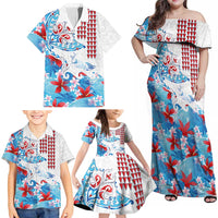 Hawaiian Tribal Manta Ray Family Matching Off Shoulder Maxi Dress and Hawaiian Shirt Kakau Tattoo and Flowers Surfing Waves Pattern Ocean Color LT03 - Polynesian Pride
