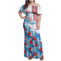 Hawaiian Tribal Manta Ray Family Matching Off Shoulder Maxi Dress and Hawaiian Shirt Kakau Tattoo and Flowers Surfing Waves Pattern Ocean Color LT03 Mom's Dress Multicolor - Polynesian Pride