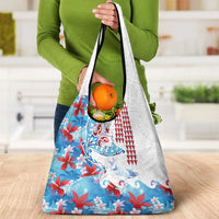 Hawaiian Tribal Manta Ray Grocery Bag Kakau Tattoo and Flowers Surfing Waves Pattern Ocean Color
