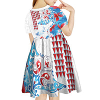 Hawaiian Tribal Manta Ray Kid Short Sleeve Dress Kakau Tattoo and Flowers Surfing Waves Pattern Ocean Color LT03 - Polynesian Pride