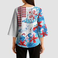 Hawaiian Tribal Manta Ray Kimono Sleeve Blouse Kakau Tattoo and Flowers Surfing Waves Pattern Ocean Color
