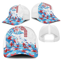 Hawaiian Tribal Manta Ray Mesh Trucker Cap Kakau Tattoo and Flowers Surfing Waves Pattern Ocean Color