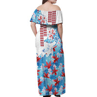 Hawaiian Tribal Manta Ray Off Shoulder Maxi Dress Kakau Tattoo and Flowers Surfing Waves Pattern Ocean Color