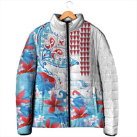 Hawaiian Tribal Manta Ray Padded Jacket Kakau Tattoo and Flowers Surfing Waves Pattern Ocean Color