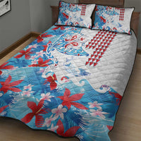 Hawaiian Tribal Manta Ray Quilt Bed Set Kakau Tattoo and Flowers Surfing Waves Pattern Ocean Color