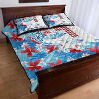 Hawaiian Tribal Manta Ray Quilt Bed Set Kakau Tattoo and Flowers Surfing Waves Pattern Ocean Color