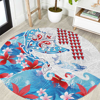 Hawaiian Tribal Manta Ray Round Carpet Kakau Tattoo and Flowers Surfing Waves Pattern Ocean Color