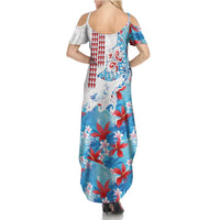Hawaiian Tribal Manta Ray Summer Maxi Dress Kakau Tattoo and Flowers Surfing Waves Pattern Ocean Color