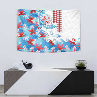Hawaiian Tribal Manta Ray Tapestry Kakau Tattoo and Flowers Surfing Waves Pattern Ocean Color