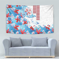 Hawaiian Tribal Manta Ray Tapestry Kakau Tattoo and Flowers Surfing Waves Pattern Ocean Color