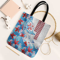 Hawaiian Tribal Manta Ray Tote Bag Kakau Tattoo and Flowers Surfing Waves Pattern Ocean Color