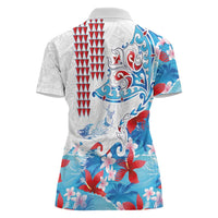 Hawaiian Tribal Manta Ray Women Polo Shirt Kakau Tattoo and Flowers Surfing Waves Pattern Ocean Color LT03 - Polynesian Pride