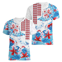 Hawaiian Tribal Manta Ray Women V-Neck T-Shirt Kakau Tattoo and Flowers Surfing Waves Pattern Ocean Color LT03 - Polynesian Pride