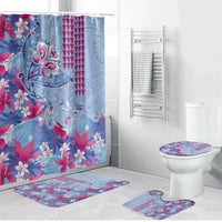 Hawaiian Tribal Manta Ray Bathroom Set Kakau Tattoo and Flowers Surfing Waves Pattern Soft Color
