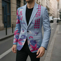 Hawaiian Tribal Manta Ray Blazer Kakau Tattoo and Flowers Surfing Waves Pattern Soft Color